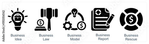 A set of 5 business icons as business idea, business law, business model