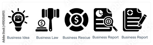 A set of 5 business icons as business idea, business law, business rescue