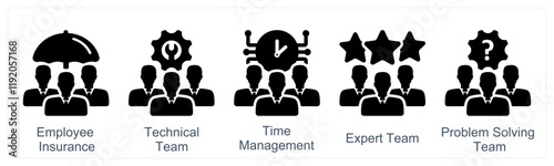 A set of 5 business icons as employee insurance, technical team, time management