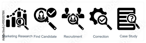 A set of 5 business icons as marketing research, candidate, recruitment, correction