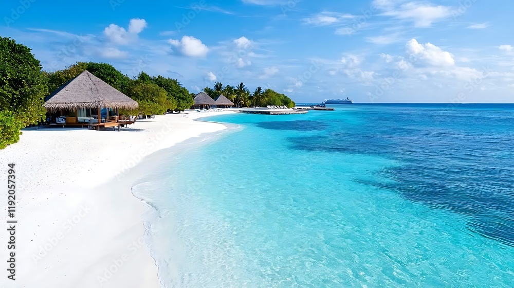 Idyllic tropical beach with turquoise water, white sand, and thatched bungalows under a vibrant blue sky. Idyllic tropical beach with turquoise water, white sand, and thatched bungalows under a vibrant blue sky.