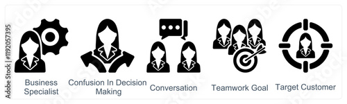 A set of 5 business icons as business specialist, confusion in decision making, conversation