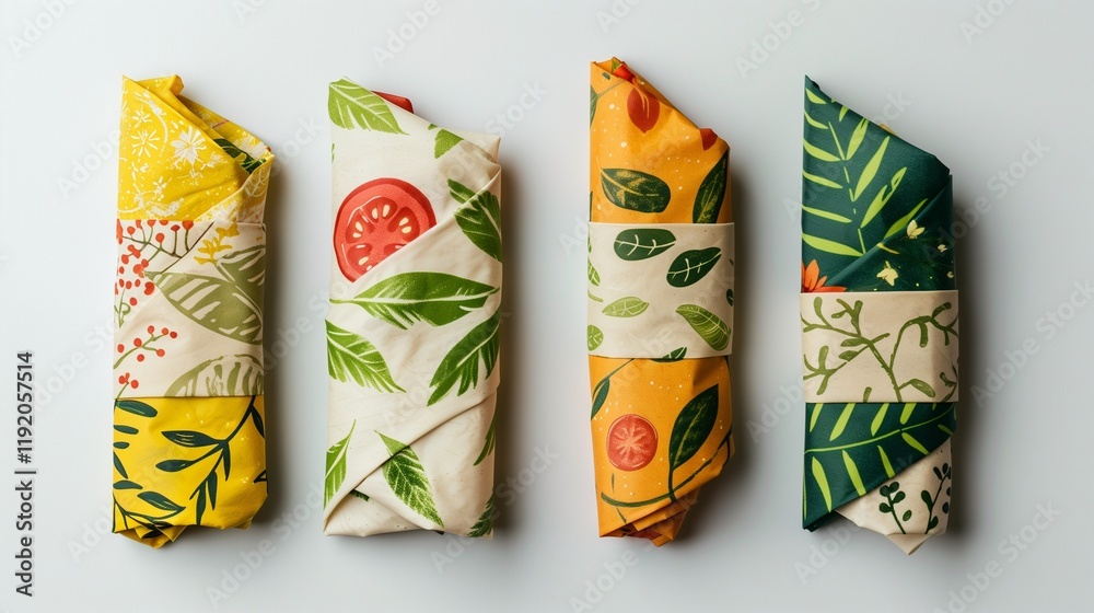 Fototapeta premium A set of compostable sandwich wraps with vibrant natural designs, displayed on white.