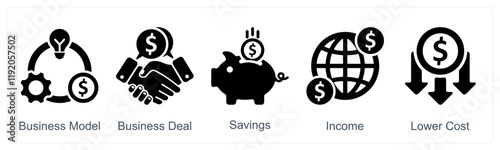A set of 5 business icons as business model, business deal, savings