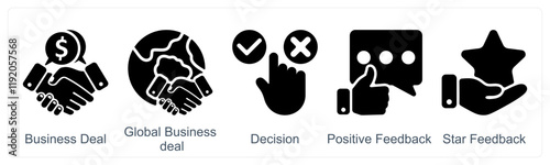 A set of 5 business icons as business deal, global business deal, decision