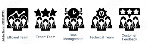 A set of 5 business icons as efficient team, expert team, time management