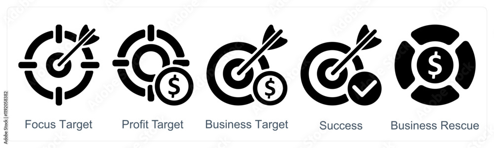 A set of 5 business icons as focus target, profit target, business target A set of 5 business icons as focus target, profit target, business target