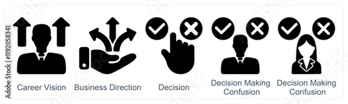A set of 5 business icons as career vision, business direction, decision, decision making confusion
