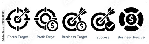 A set of 5 business icons as focus target, profit target, business target