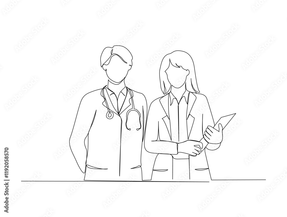 Continuous one line drawing of female and male doctor holding patient document. Doctor with uniform in single line draw illustration. Editable stroke. Continuous one line drawing of female and male doctor holding patient document. Doctor with uniform in single line draw illustration. Editable stroke.