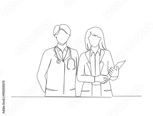 Continuous one line drawing of female and male doctor holding patient document. Doctor with uniform in single line draw illustration. Editable stroke.