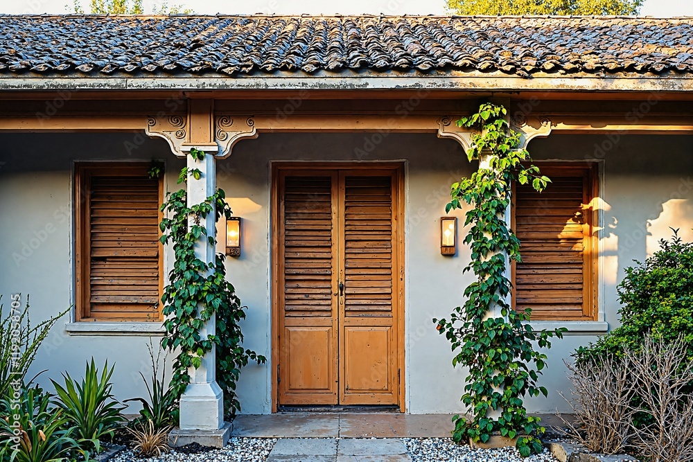 A Small Single-Story House With A Tiled Roof And Two Wooden Doors A Small Single-Story House With A Tiled Roof And Two Wooden Doors