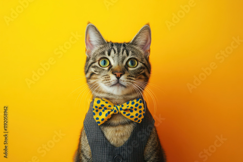 A stylish cat wearing a bow tie with a vibrant yellow backdrop. photo