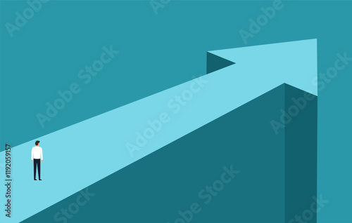 Businessman walking forward towards goal. Man standing on arrow way of opportunities and future career. Hope, job, motivation, future, business concept for banner design