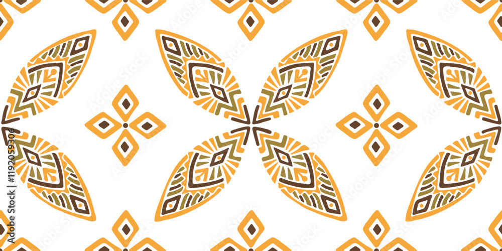 Fototapeta premium Seamless African pattern with leaf shield. Savanna tribal vector ornament. Hand drawn weave ethnic carpet. Modern geo print on textile. Ancient rug design for bohemian interior
