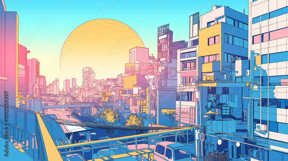 Obraz premium 夕日と都市の風景イラスト。レトロポップな配色をイメージして作成された。アジアや日本の都会。懐かしい、ノスタルジーを感じる景色。