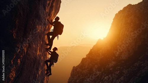 Silhouette of mountaineering team climbing mountains and rocks at sunset.