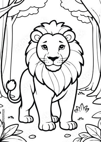 simple black lineart illustration of a lion in the forest, coloring page animal ready for print