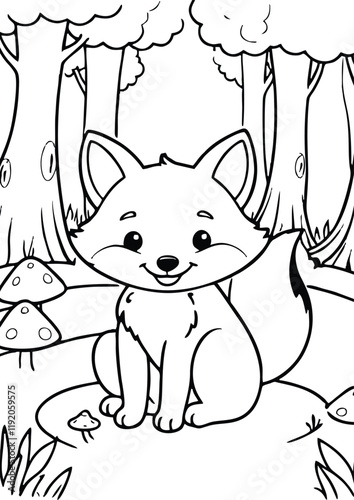 simple black lineart illustration of A happy fox sitting in a forest clearing, surrounded by tiny mushrooms, coloring page animal ready for print