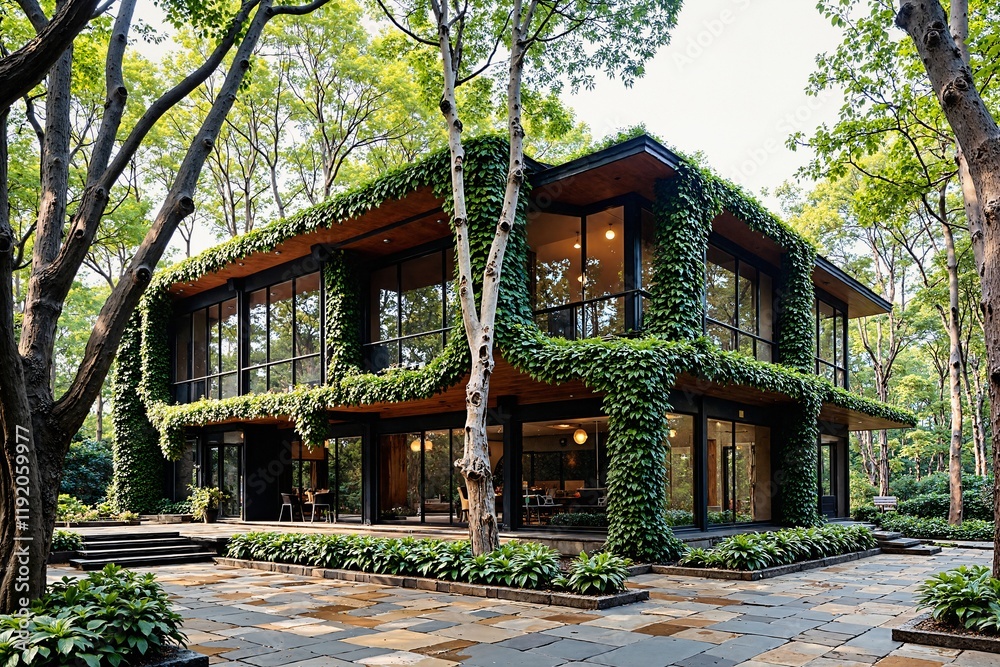 Modern House With Lush Greenery And Large Windows In A Forest Setting Modern House With Lush Greenery And Large Windows In A Forest Setting