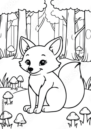 simple black lineart illustration of A happy fox sitting in a forest clearing, surrounded by tiny mushrooms, coloring page animal ready for print
