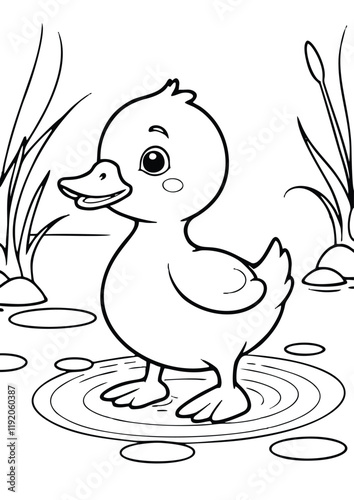 simple black lineart illustration of A cheerful duckling waddling near a pond with ripples in the water. coloring page animal ready for print