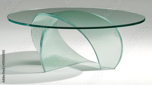 Modern glass coffee table, studio shot, swirling design, minimalist background, home decor photo