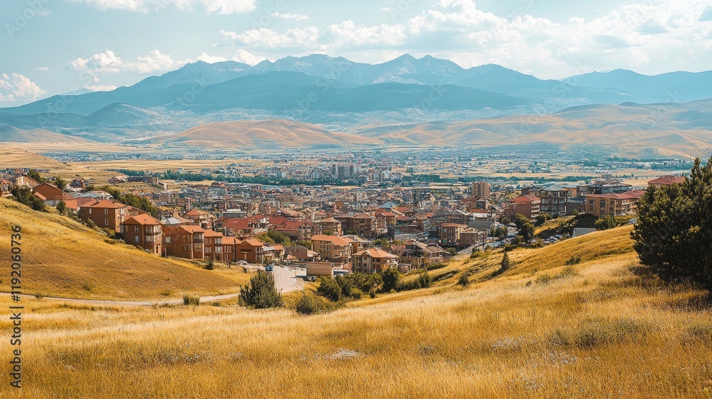 Naklejka premium A scenic overlook of a sprawling urban area with distant mountains.