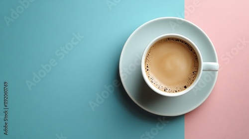 Coffee cup pastel background, morning drink, top view