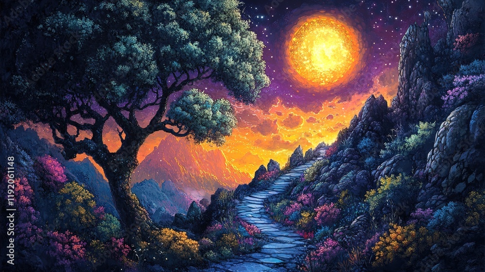 Fantasy-inspired abstract textures with vivid landscapes and radiant pathways Fantasy-inspired abstract textures with vivid landscapes and radiant pathways