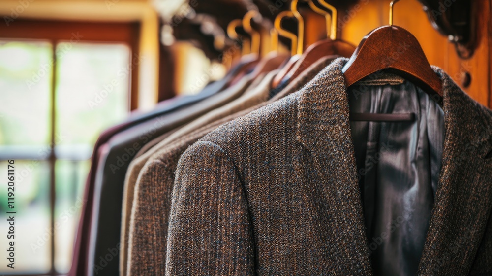 A set of tailored suit jackets hanging on matching velvet hangers. A set of tailored suit jackets hanging on matching velvet hangers.