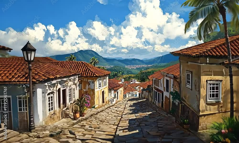 Colorful Colonial Streets with Cobblestone Path and Lush Green Mountains Under a Bright Blue Sky in a Charming Historic Town illustration cartoon with ai generated. Colorful Colonial Streets with Cobblestone Path and Lush Green Mountains Under a Bright Blue Sky in a Charming Historic Town illustration cartoon with ai generated.