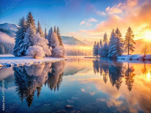 Frosted Cauma Lake's winter sunrise paints the Swiss Alps, a peaceful, picturesque scene. photo