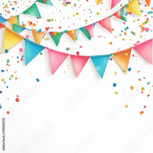 Colorful festive bunting with confetti on a white background. photo