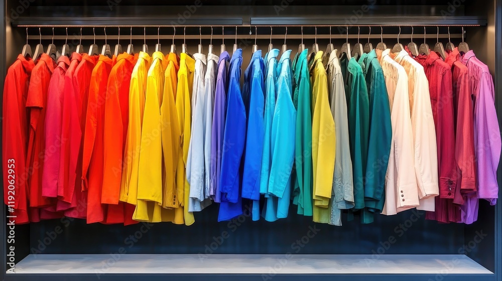 A stylish open wardrobe with colorful blouses and coats on display. A stylish open wardrobe with colorful blouses and coats on display.