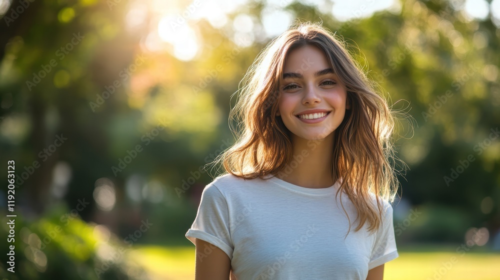 Woman in a casual t-shirt and jeans, walking in a park with a relaxed smile and enjoying a sunny day. Woman in a casual t-shirt and jeans, walking in a park with a relaxed smile and enjoying a sunny day.