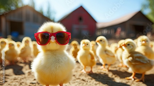 A group of fluffy yellow chicks standing in an outdoor area