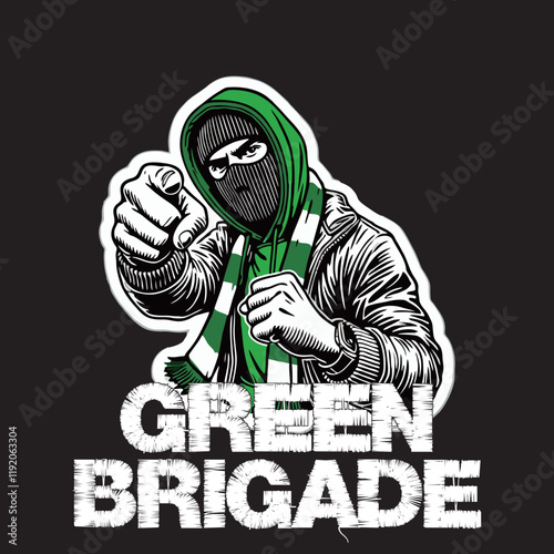 illustration vector graphic of Green Brigade Football fans ultras hooligan wear green jacket with green white scarf design for logo, t-shirt, etc

