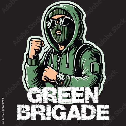 illustration vector graphic of Green Brigade Football fans ultras hooligan wear green jacket with green white scarf design for logo, t-shirt, etc
