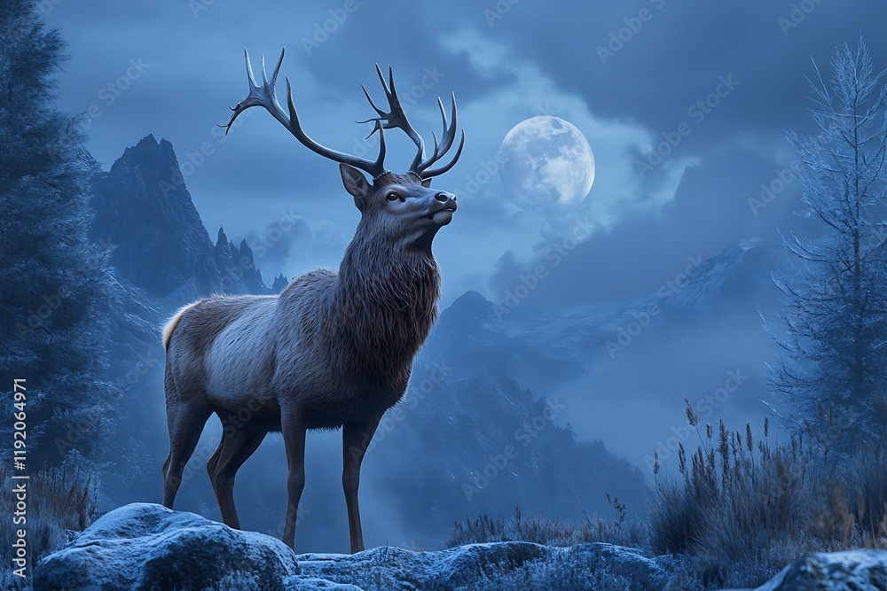 Naklejka premium Majestic Elk Under the Moonlight in a Snowy Mountain Landscape