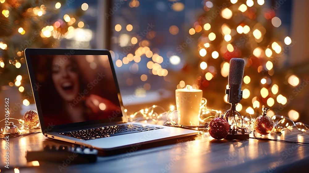 Laptop screen shows joyful woman, Christmas lights, candle, and microphone nearby. Laptop screen shows joyful woman, Christmas lights, candle, and microphone nearby.