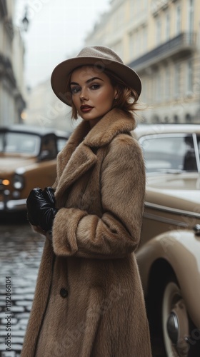 Woman in a vintage fur coat and gloves, walking down an old cobblestone street, with retro cars and buildings in the background. photo