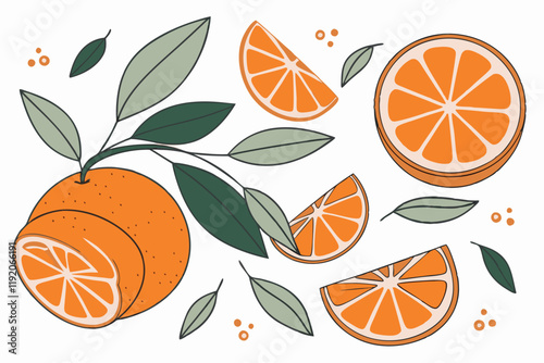 Vibrant orange citrus fruits, Graphic illustration style, Whole oranges and slices, Fresh green leaves, Minimalist design, White background, Scattered arrangement, 2D flat art, Bright and cheerful col