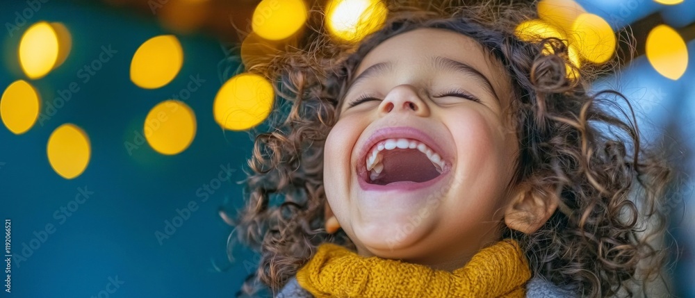 Joyful Child Laughs Curly Hair Bokeh Lights Teal Background Joyful Child Laughs Curly Hair Bokeh Lights Teal Background