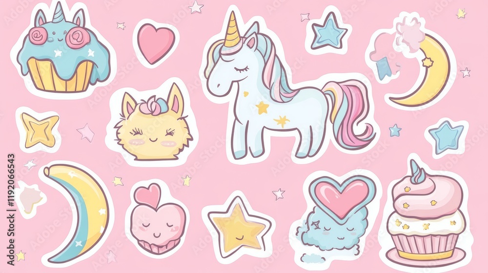 Fototapeta premium Whimsical pastel sticker set with magical beings, playful unicorn head with rainbow-colored mane, caticorn character with heart detail, cosmic elements including happy moon face and stars, joyful