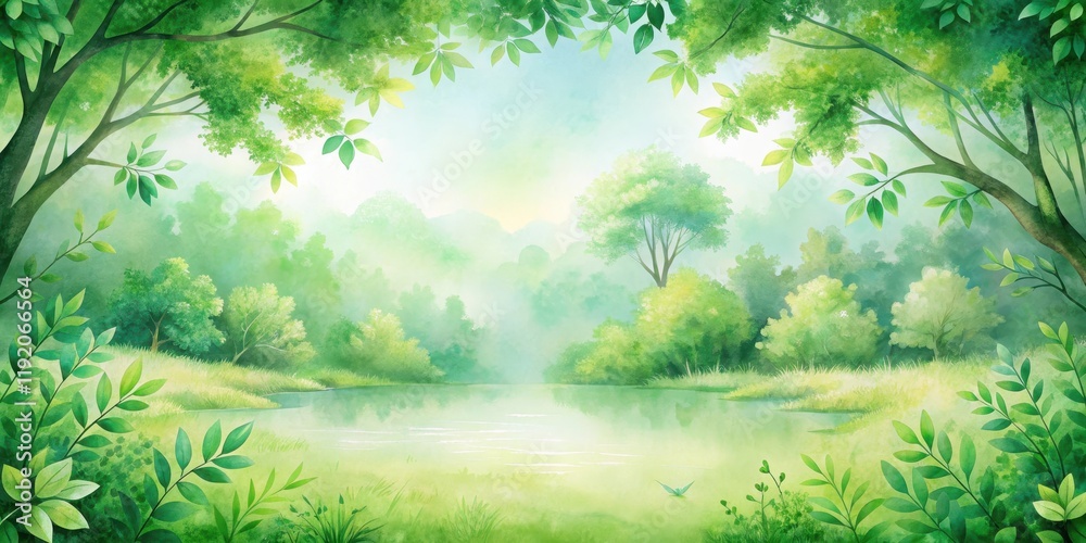 Fototapeta premium Green watercolor landscape with lush foliage and a serene atmosphere, watercolor, green, landscape, natural, foliage
