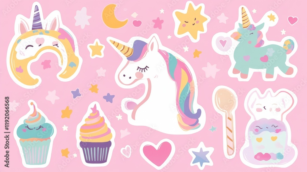 Whimsical pastel sticker set with magical beings, playful unicorn head with rainbow-colored mane, caticorn character with heart detail, cosmic elements including happy moon face and stars, joyful Whimsical pastel sticker set with magical beings, playful unicorn head with rainbow-colored mane, caticorn character with heart detail, cosmic elements including happy moon face and stars, joyful
