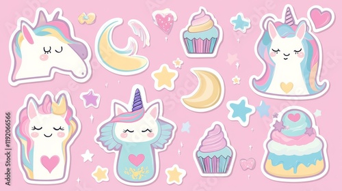 Whimsical pastel sticker set with magical beings, playful unicorn head with rainbow-colored mane, caticorn character with heart detail, cosmic elements including happy moon face and stars, joyful photo