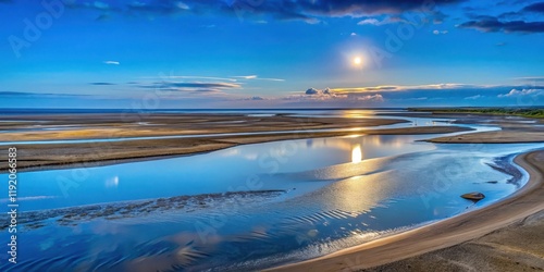 Panoramic view of moonlit Bristol Bay coastline at low tide, Alaska, Bristol Bay, scenic, panoramic, moonlit, coastline