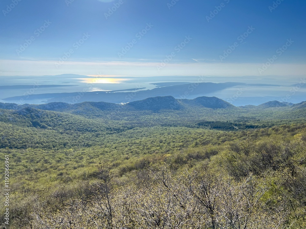 Naklejka premium View of the Adriatic Sea and islands from the Premuzic Trail - Northern Velebit National Park, Croatia (Pogled na Jadransko more i otoke sa planinarskog puta Premužićeva staza - NP Sjeverni Velebit)